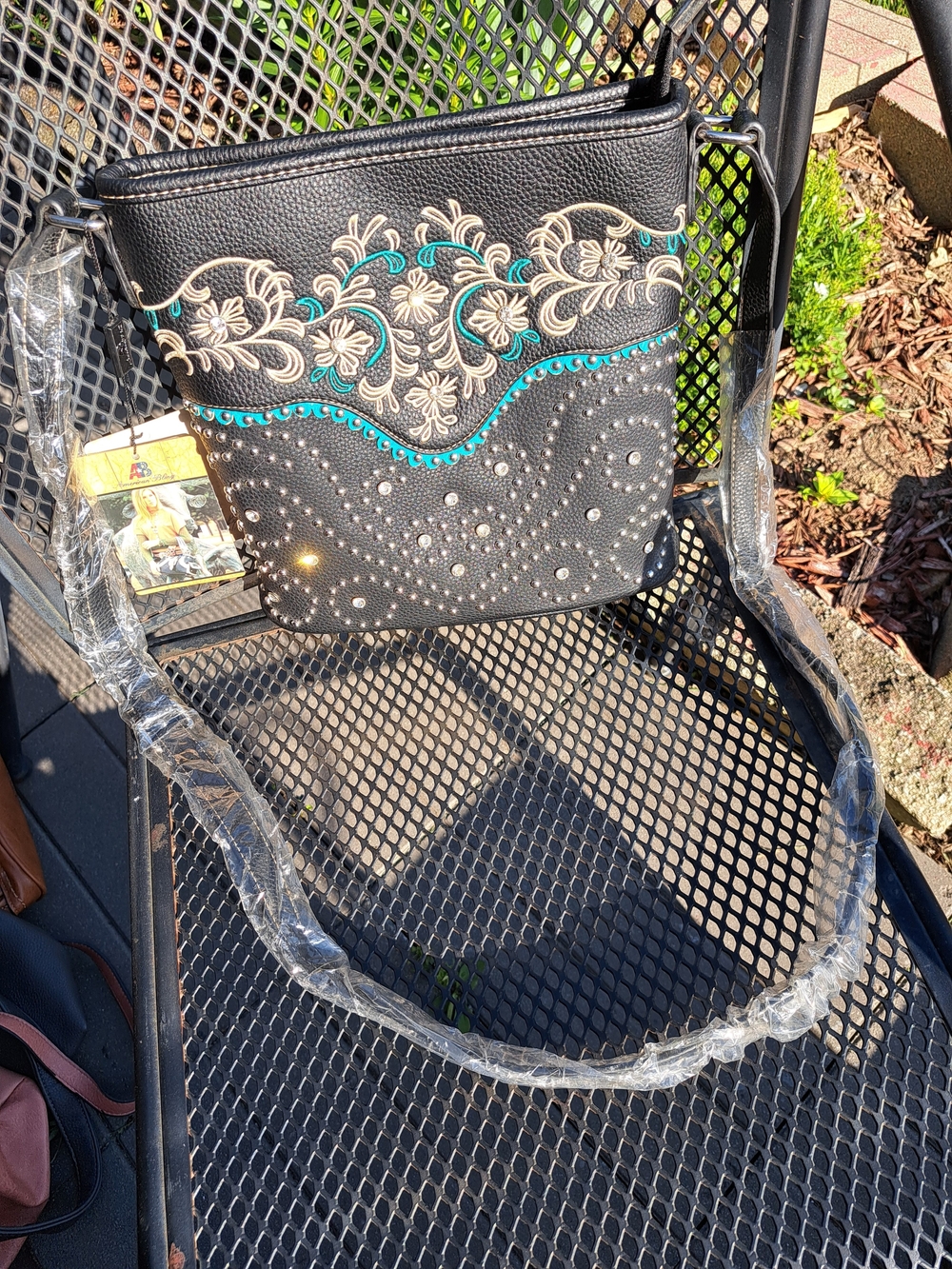 American Bling Black Crossbody Bag with Turquoise and Cream Embroidery